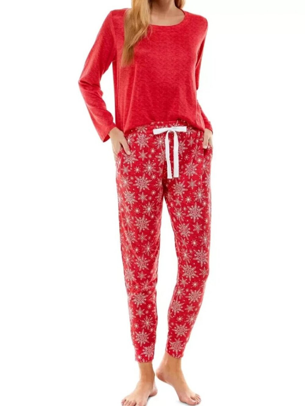 Roudelain Women's Soft Knit 2-Piece Pajama Set, Red Holiday Snowflake, Large